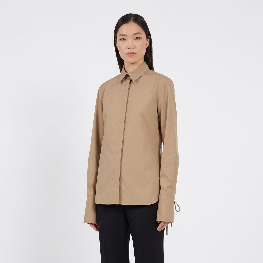 Khaki/camel Salvatore Ferragamo collared shirt, back view