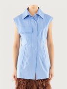Light blue Salvatore Ferragamo sleeveless shirt with collar, front view