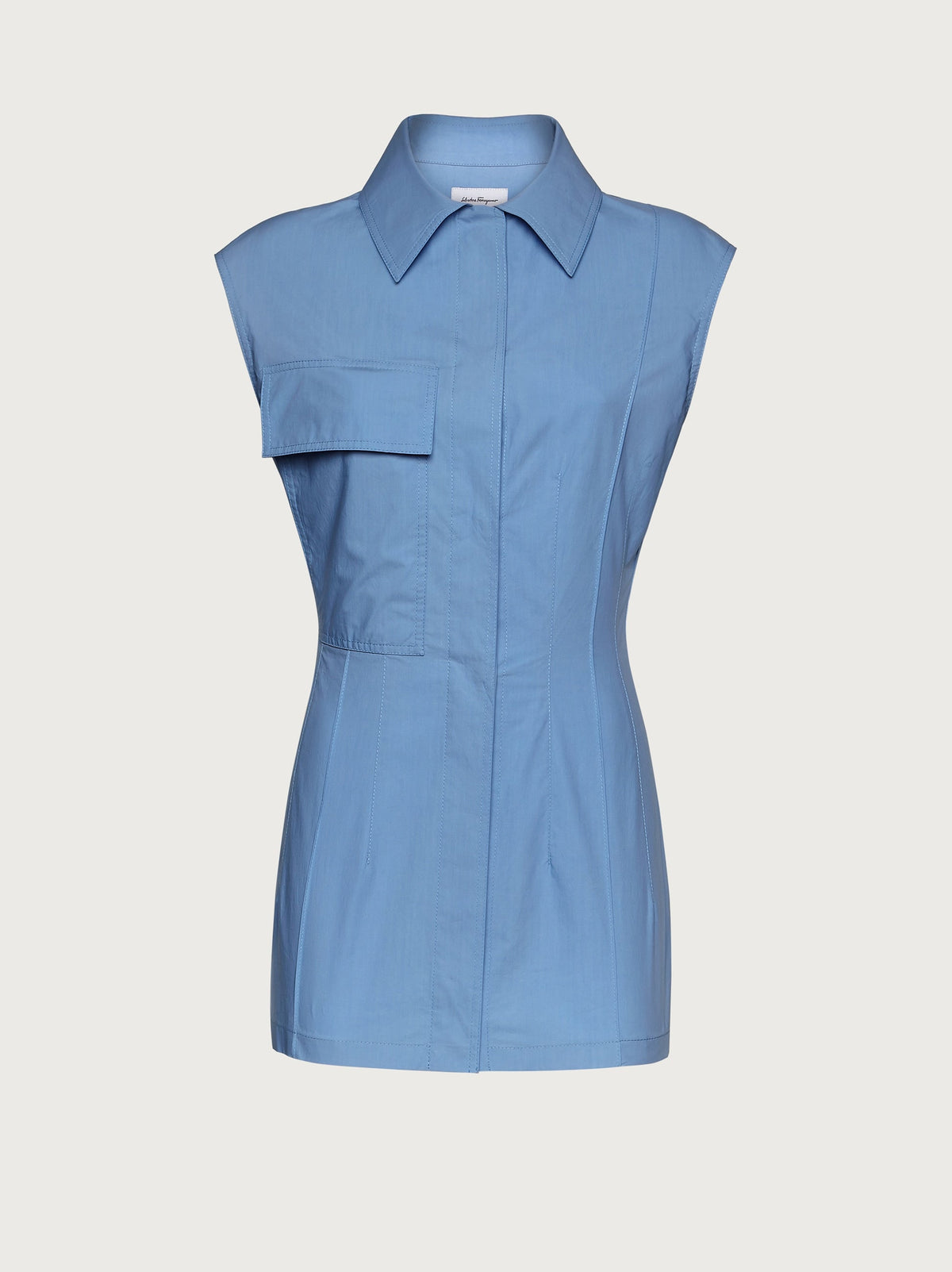 Light blue Salvatore Ferragamo sleeveless shirt, side view showing pleated hem
