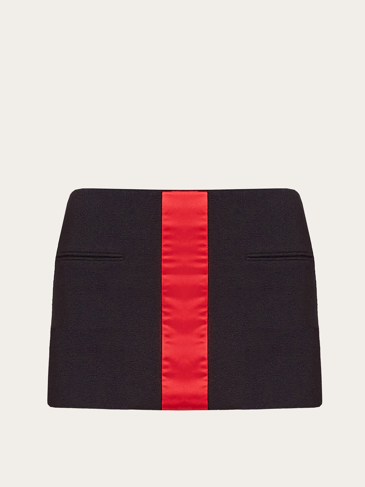 Black Salvatore Ferragamo wool mini skirt with satin center panel, front view