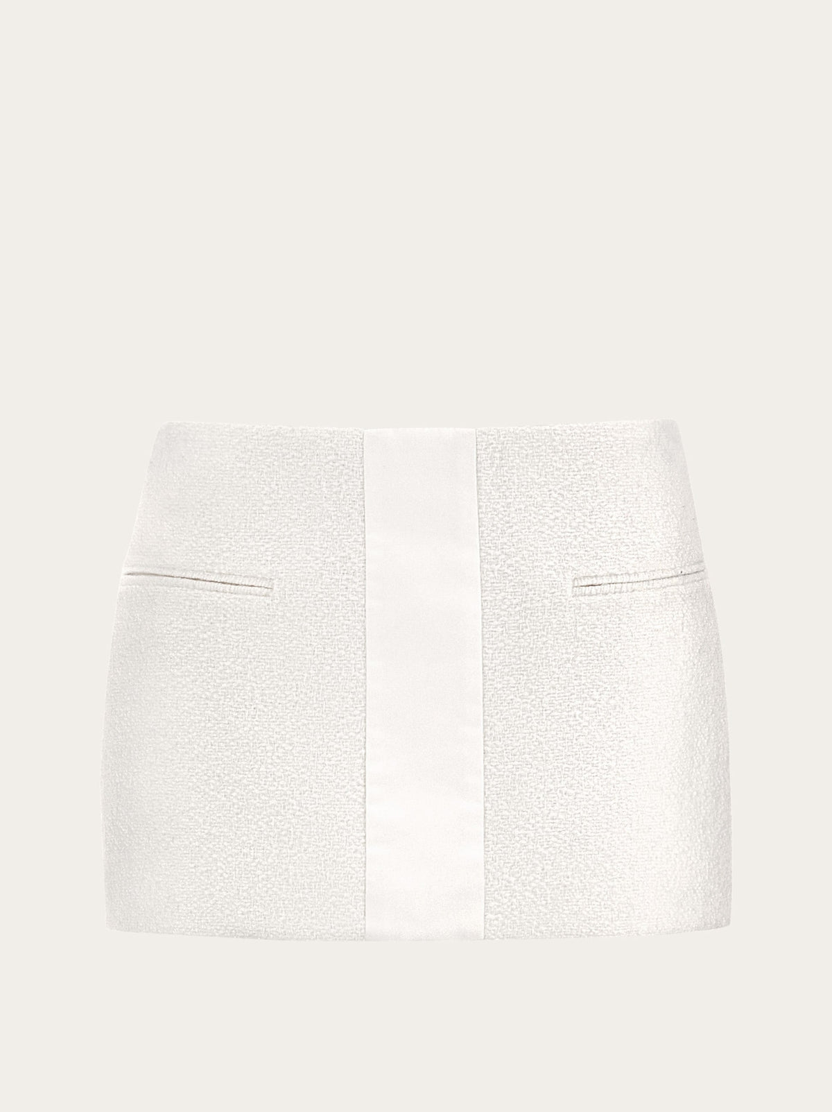 White Salvatore Ferragamo wool blend mini skirt with satin panel, front view