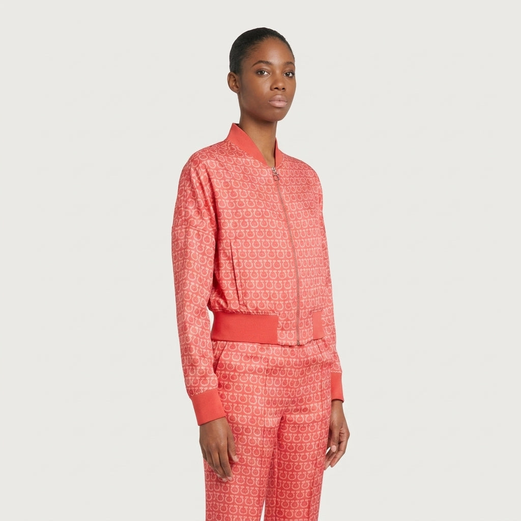 Salvatore Ferragamo chain print bomber jacket in red and coral, back view