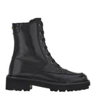 Black combat boots with round toe by Salvatore Ferragamo, detail of lace-up closure