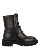 Salvatore Ferragamo black leather boots, close-up of toe box and lacing