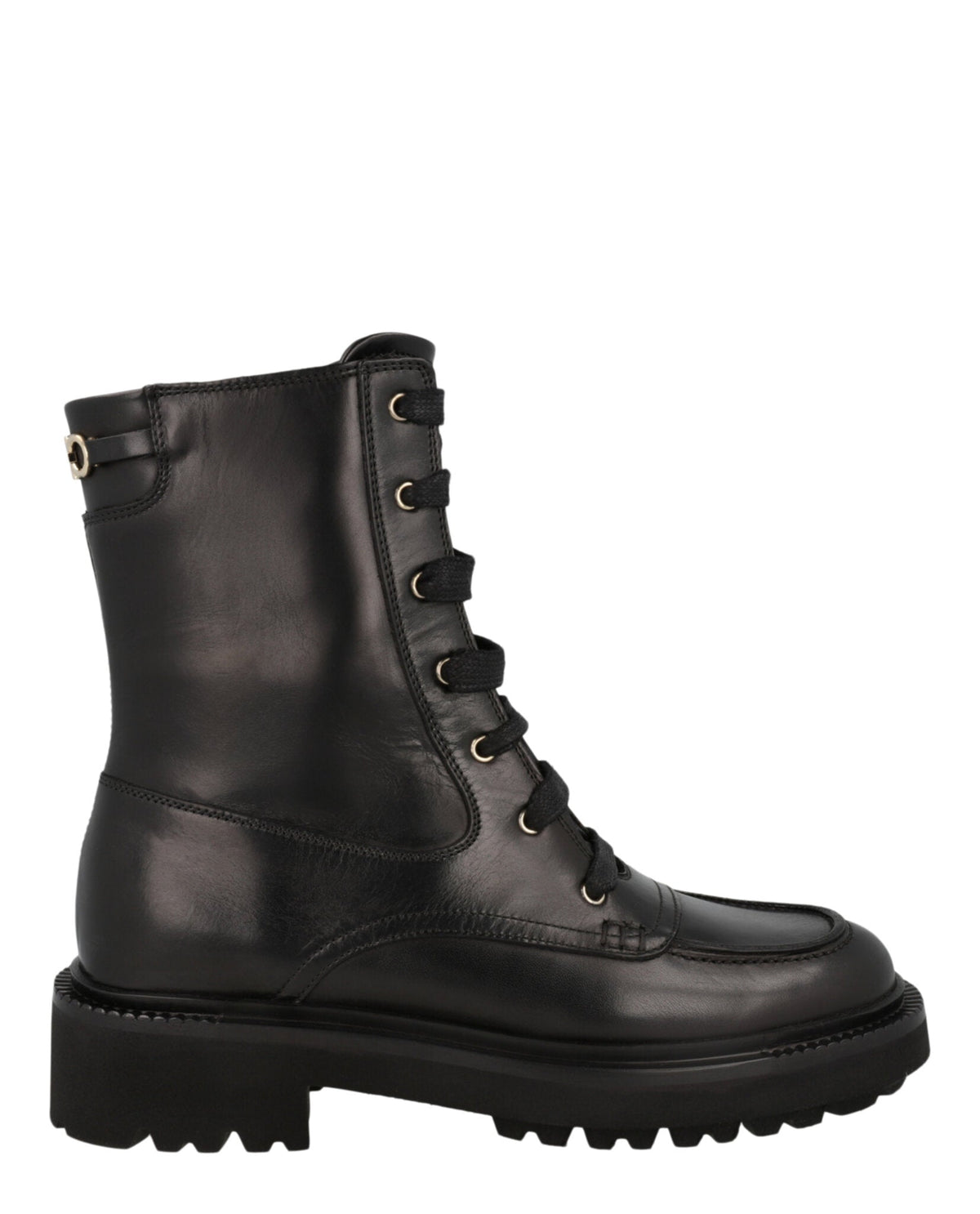 Salvatore Ferragamo black leather boots, close-up of toe box and lacing