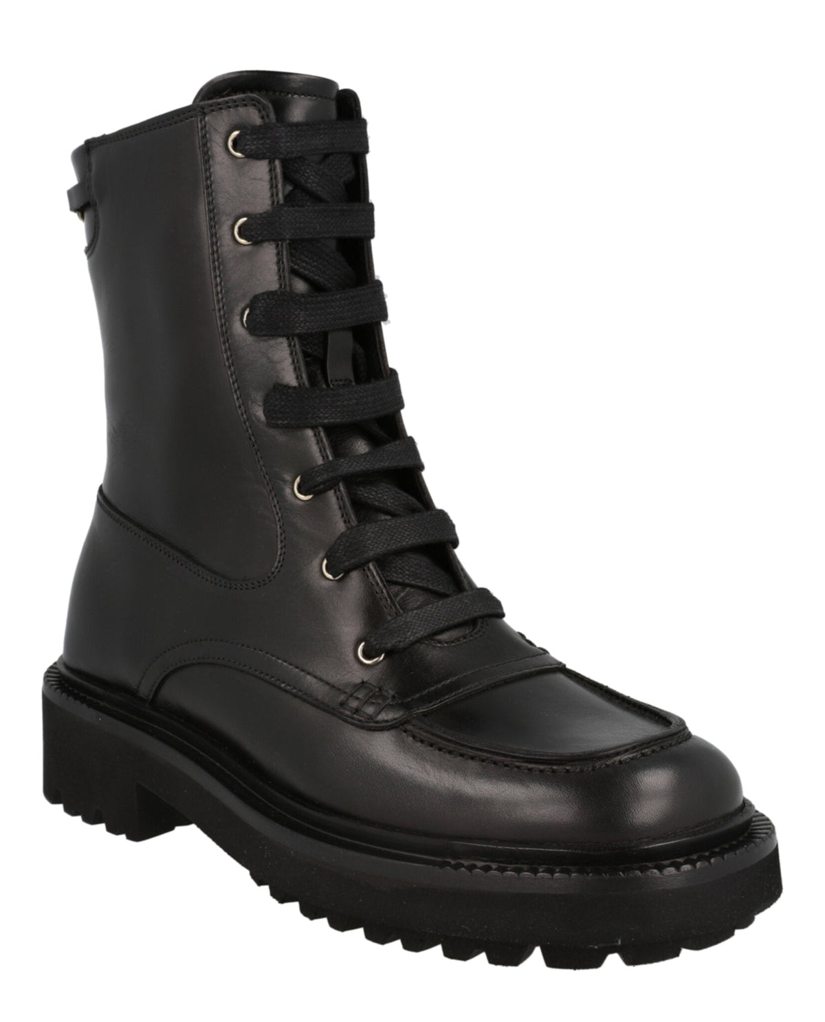 Black calf leather combat boots by Salvatore Ferragamo, sole view