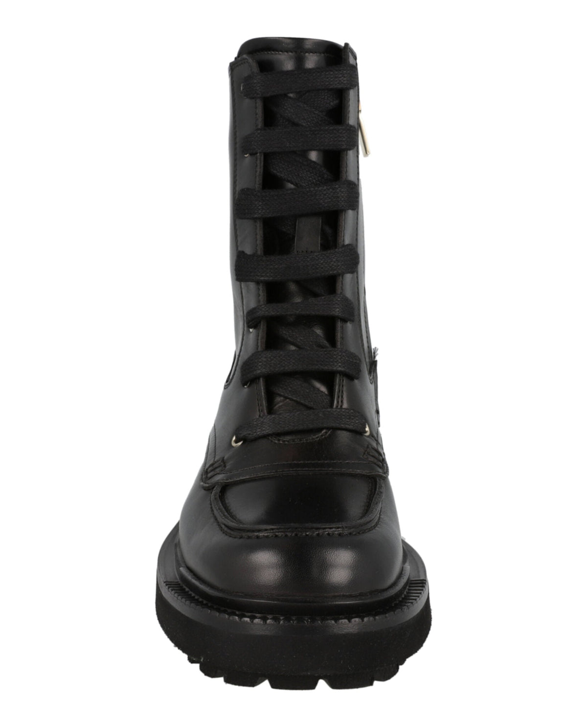 Black combat boots by Salvatore Ferragamo, detail of heel and back counter