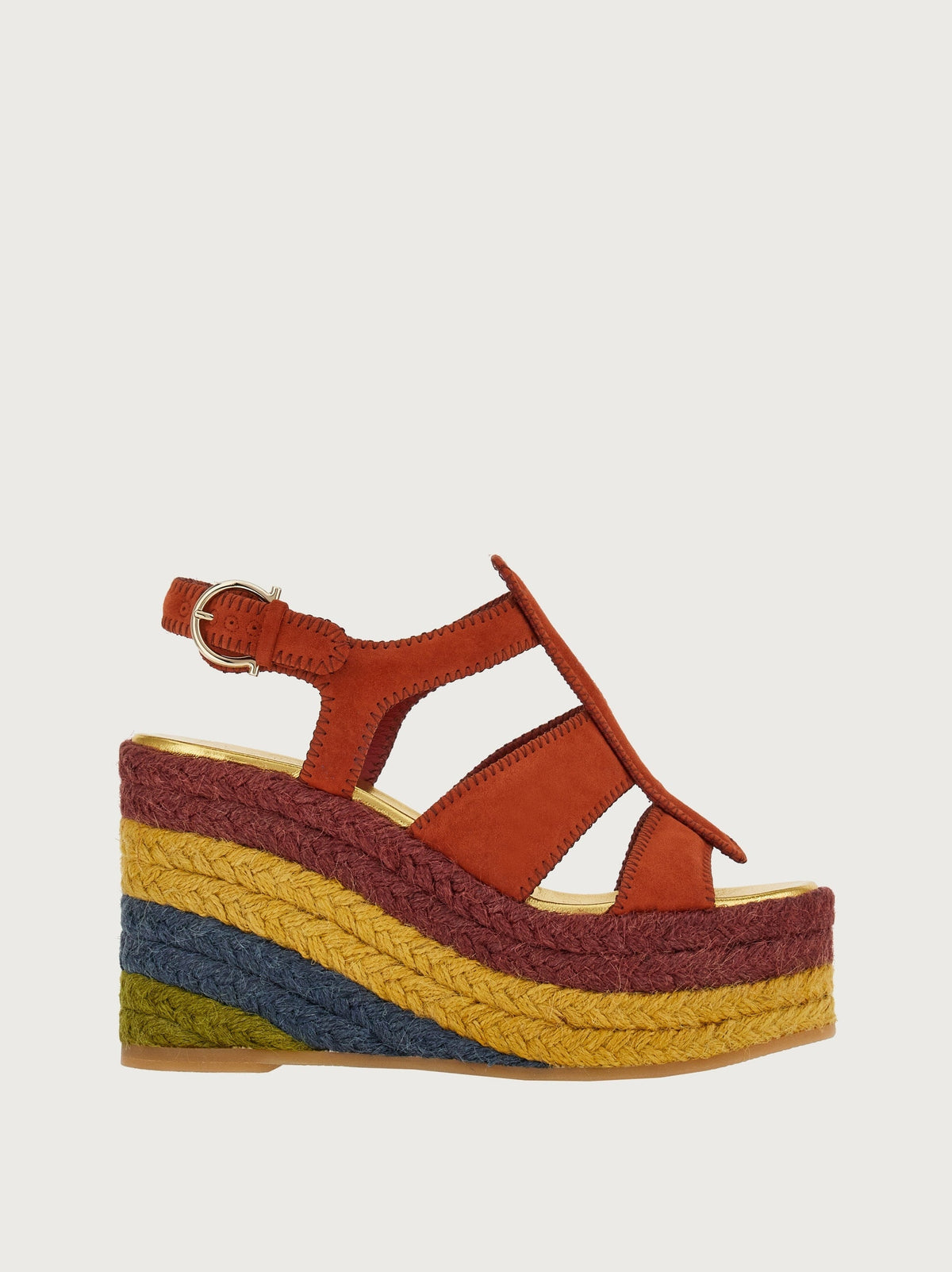 Rust suede Salvatore Ferragamo Renee wedge espadrille, side view