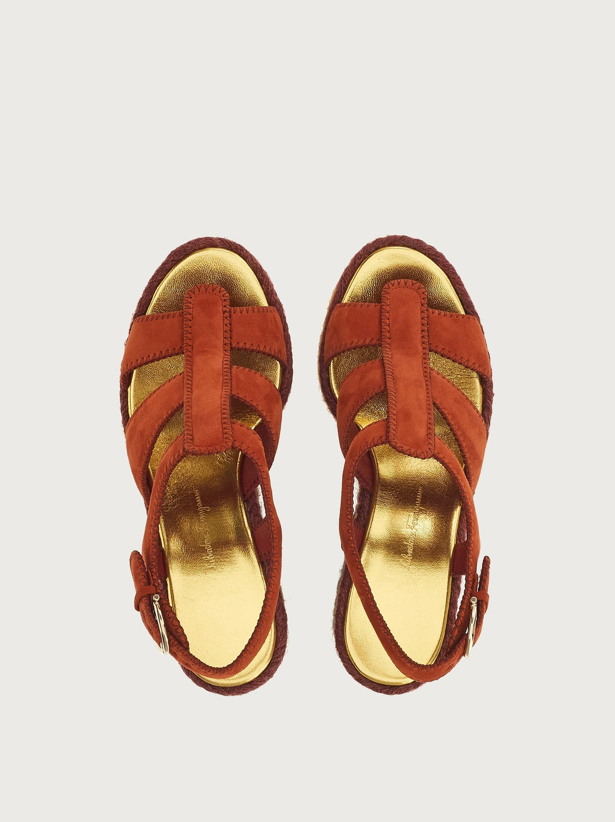 Rust suede Salvatore Ferragamo Renee wedge espadrille, front angle