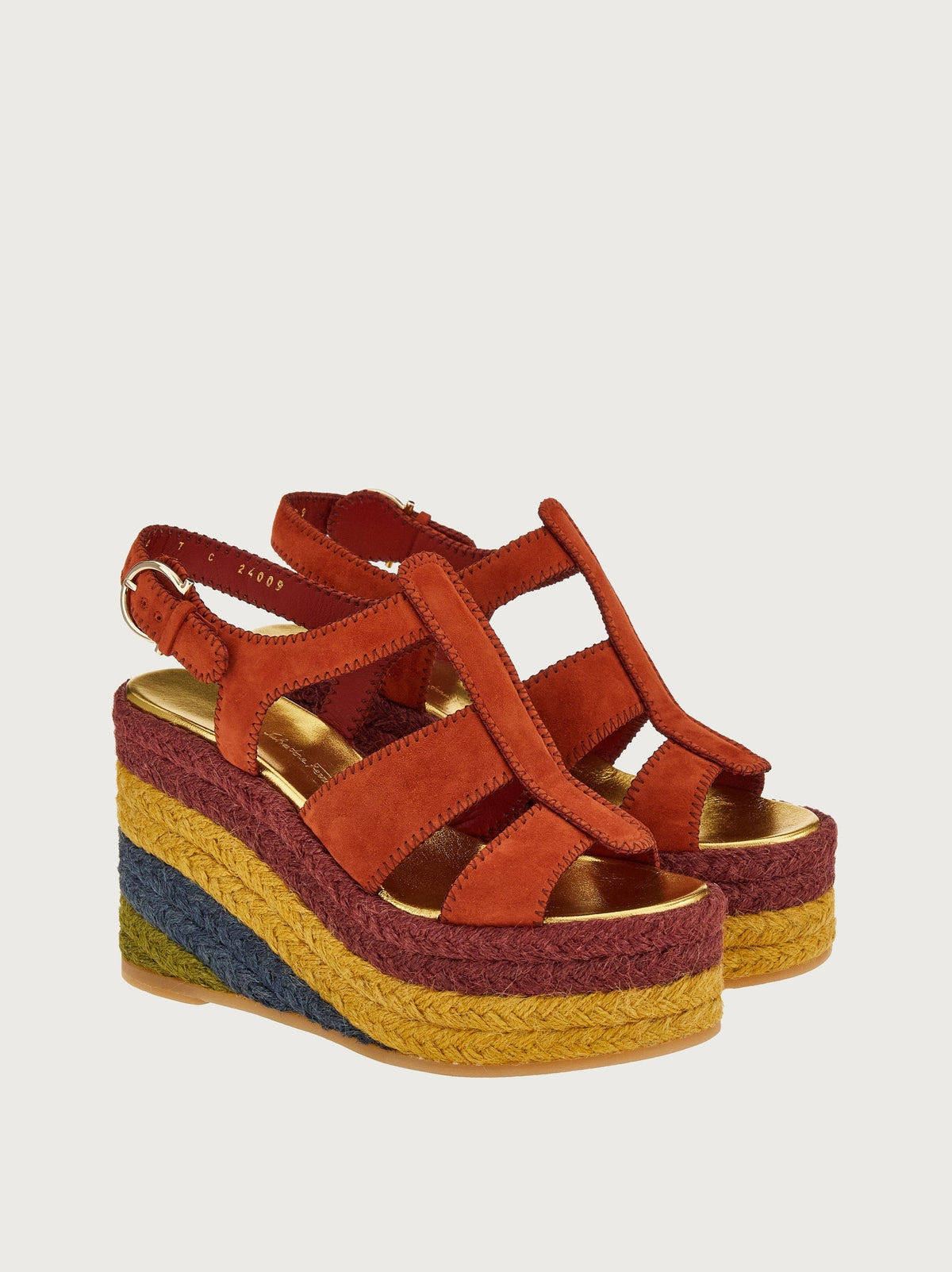 Rust suede Salvatore Ferragamo Renee wedge espadrille, sole detail