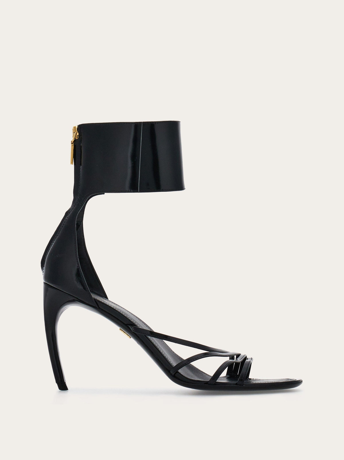 Black Salvatore Ferragamo Clethra nappa leather sandals with curved heel, side view