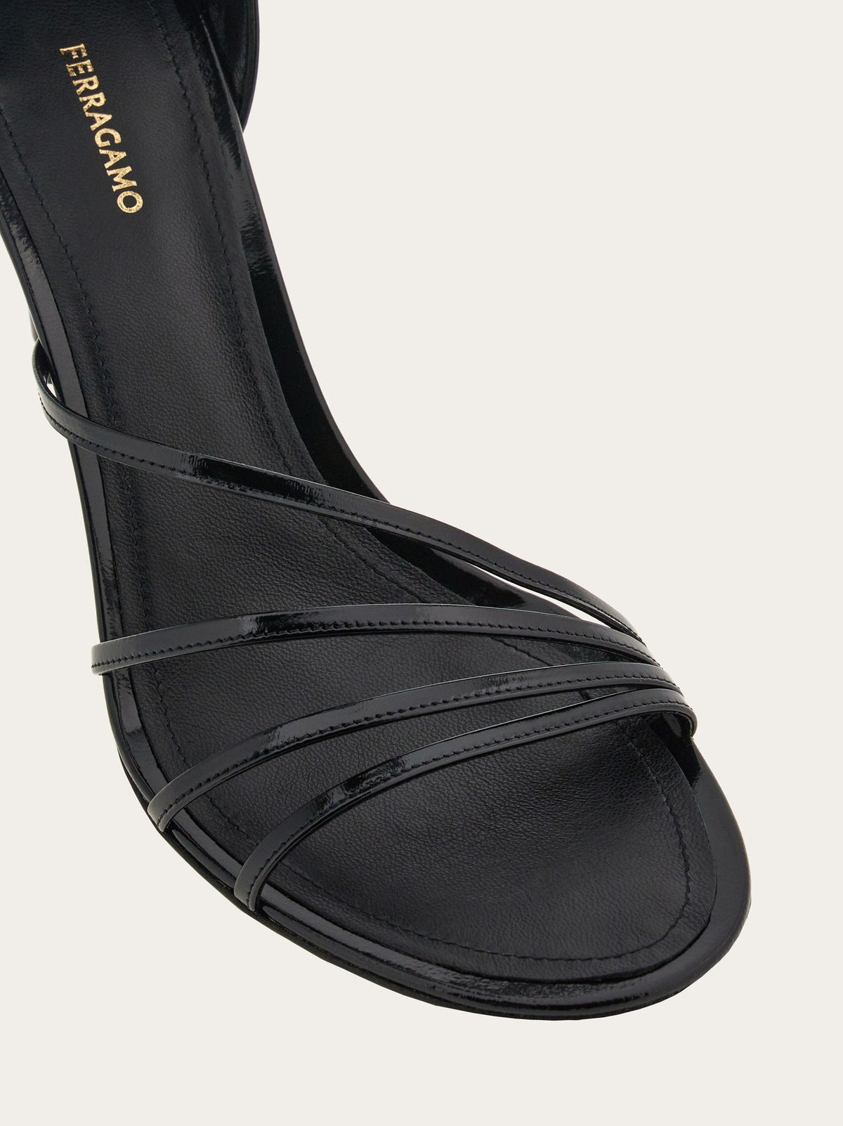 Black Salvatore Ferragamo Clethra nappa leather sandals, top view showing open toe