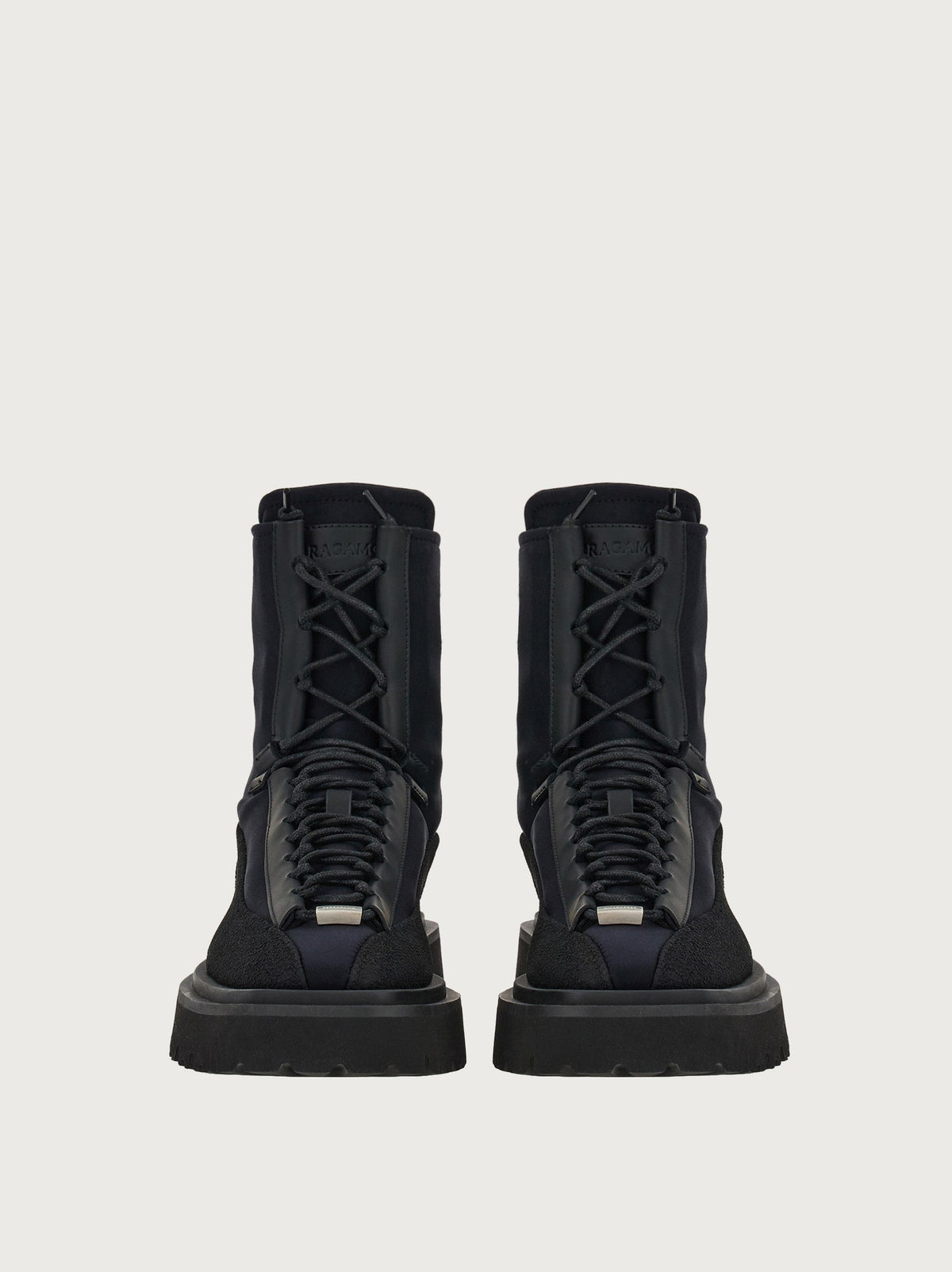 Black Salvatore Ferragamo Atlante 2 ankle boot, front view showing laces