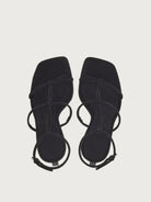 Black suede Elina sandal by Salvatore Ferragamo, front three-quarter view showing square toe