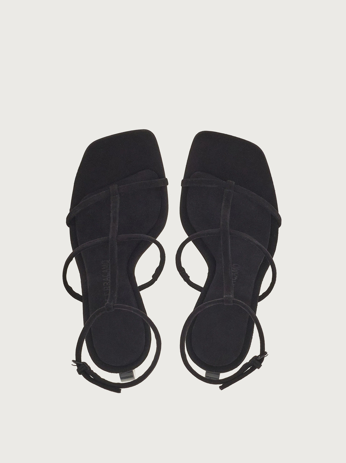 Black suede Elina sandal by Salvatore Ferragamo, front three-quarter view showing square toe