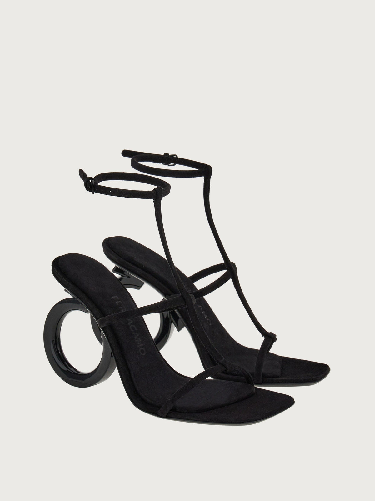 Salvatore Ferragamo Elina sandal, close-up of adjustable ankle strap buckle and suede finish