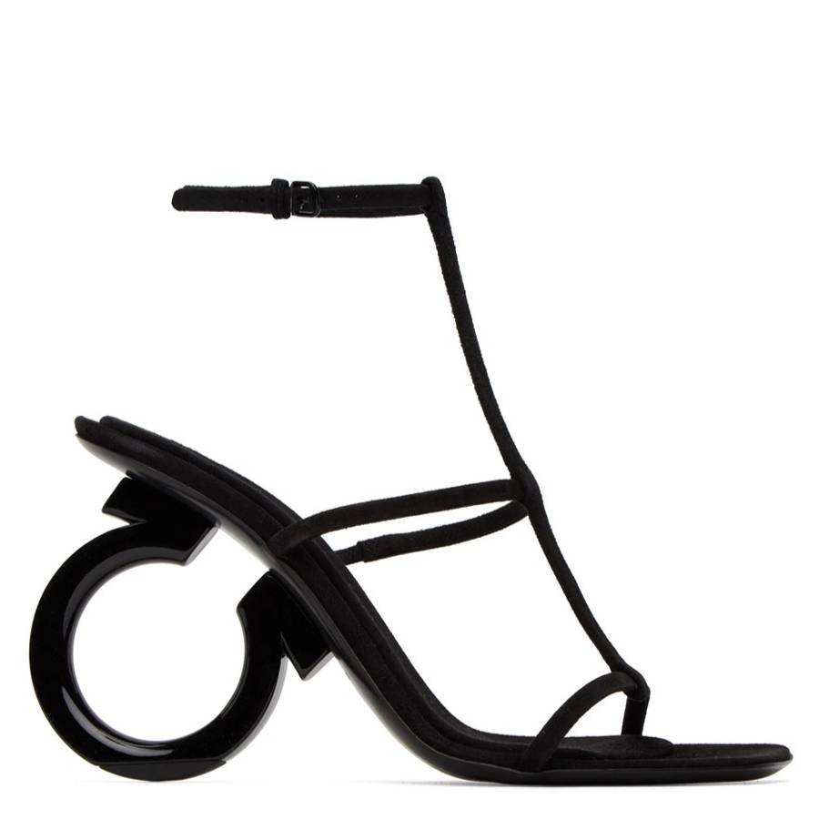 Black suede Elina sandal by Salvatore Ferragamo, sole and heel construction view