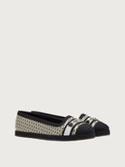 Salvatore Ferragamo ballet flat in cream with grosgrain trim detail, angled view