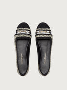 Salvatore Ferragamo ballet flat showing black cap toe and jacquard upper, front view