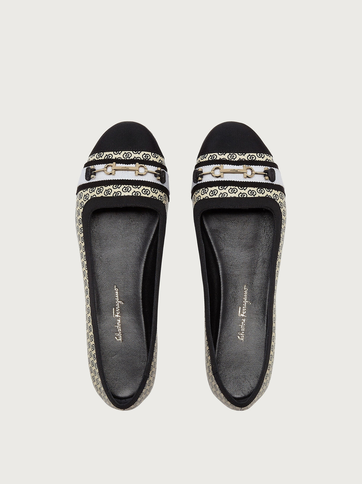 Salvatore Ferragamo ballet flat showing black cap toe and jacquard upper, front view