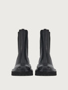 Black leather Salvatore Ferragamo Oderico bootie, front view showing round toe and lace-up closure