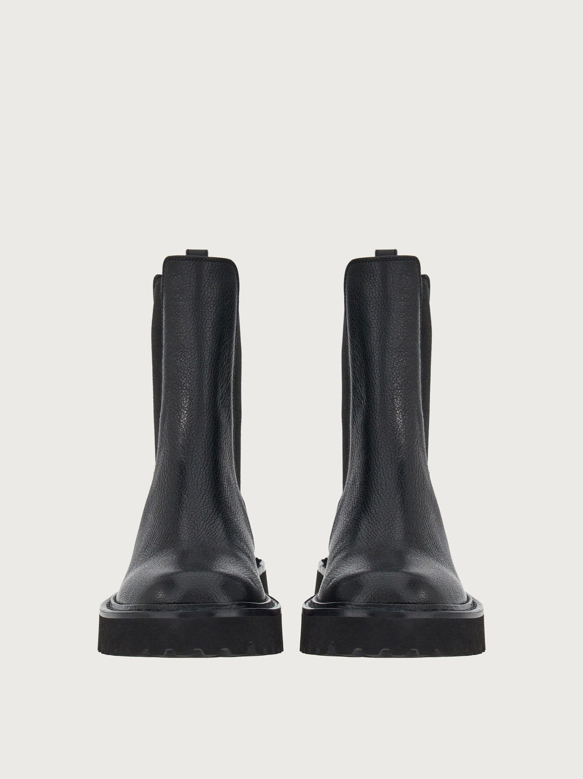 Black leather Salvatore Ferragamo Oderico bootie, front view showing round toe and lace-up closure