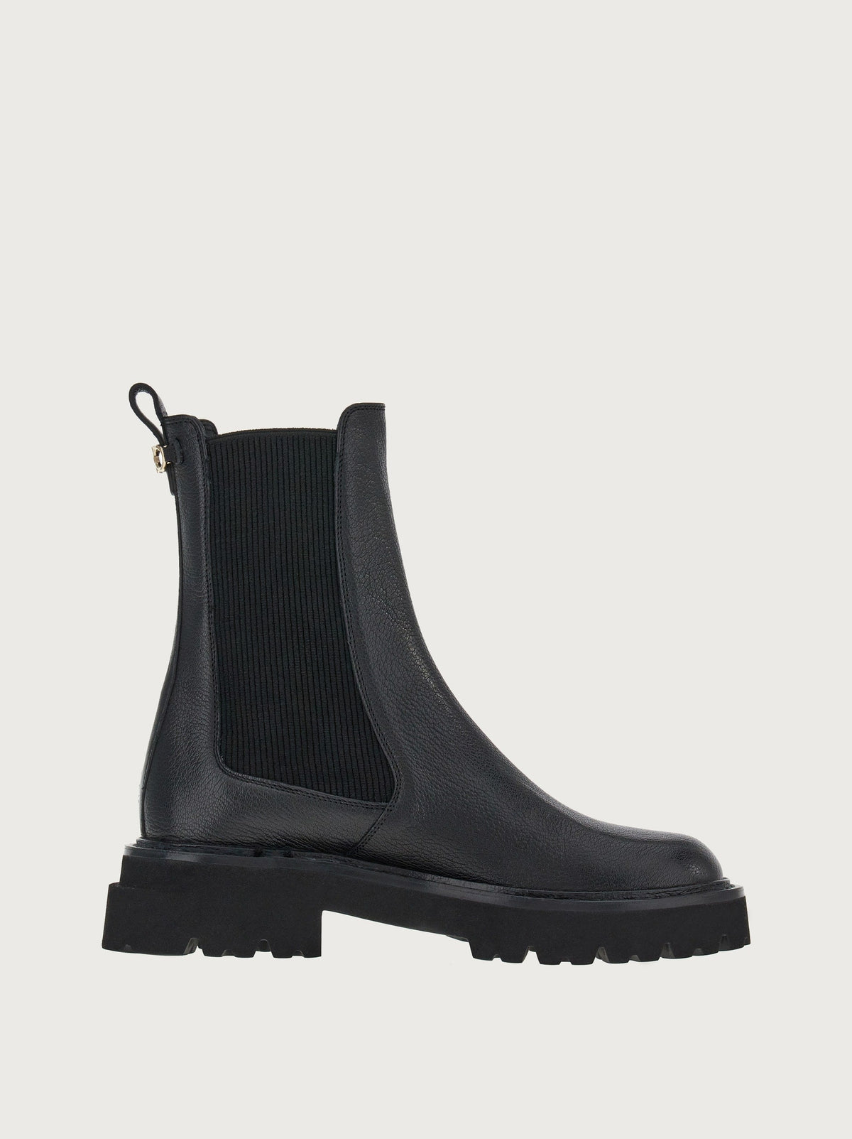 Salvatore Ferragamo Oderico black leather bootie, sole and bottom view