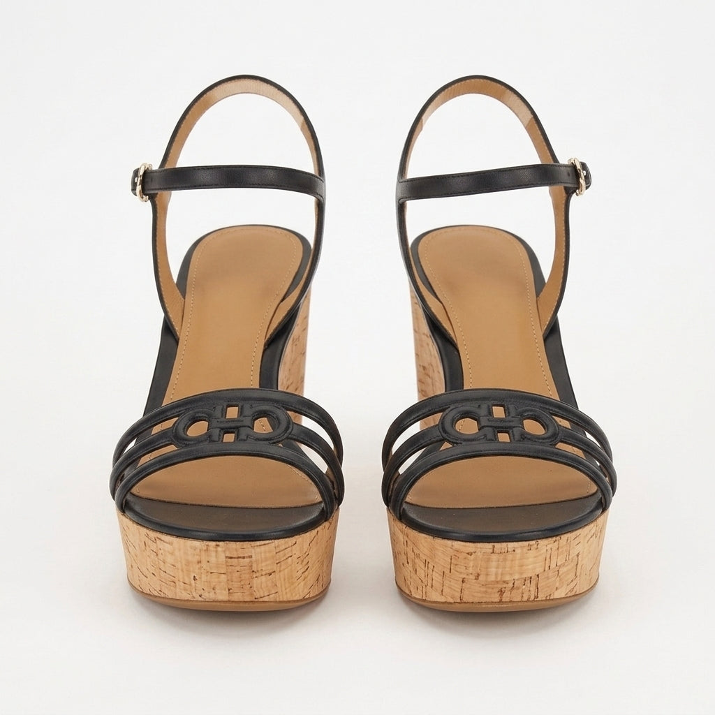Black leather Salvatore Ferragamo Fieri 70 C sandal with cork wedge heel, side view