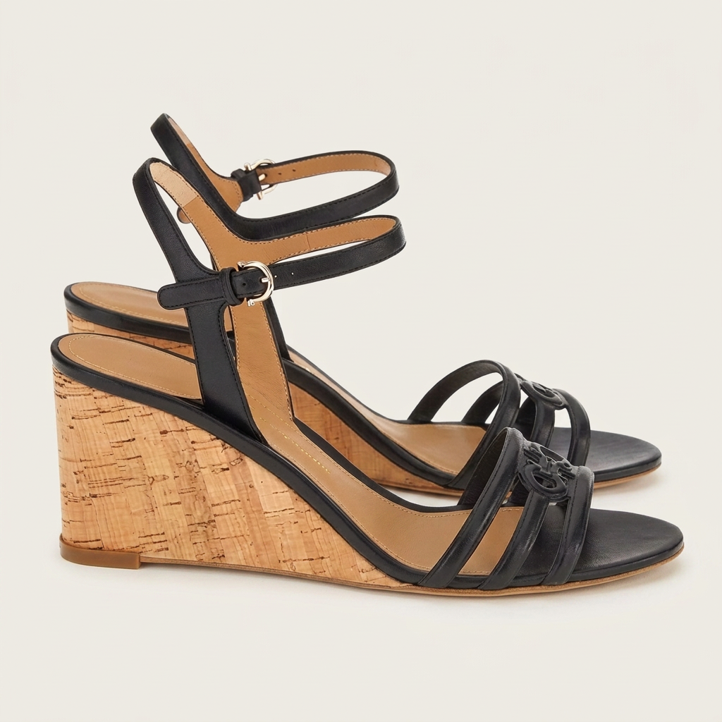 Black leather Salvatore Ferragamo Fieri 70 C sandal with gold-tone buckle, front view