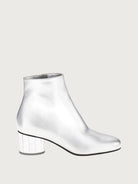 Metallic silver leather ankle bootie with mirrored block heel by Salvatore Ferragamo, side view