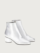 Silver leather bootie with block heel by Salvatore Ferragamo, overhead view
