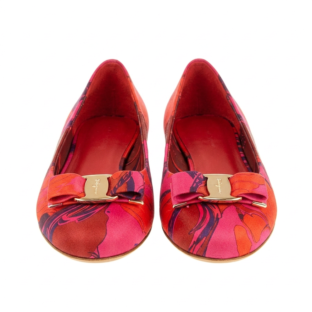 Multicolor floral Salvatore Ferragamo Varina ballet flat with bow logo, side view