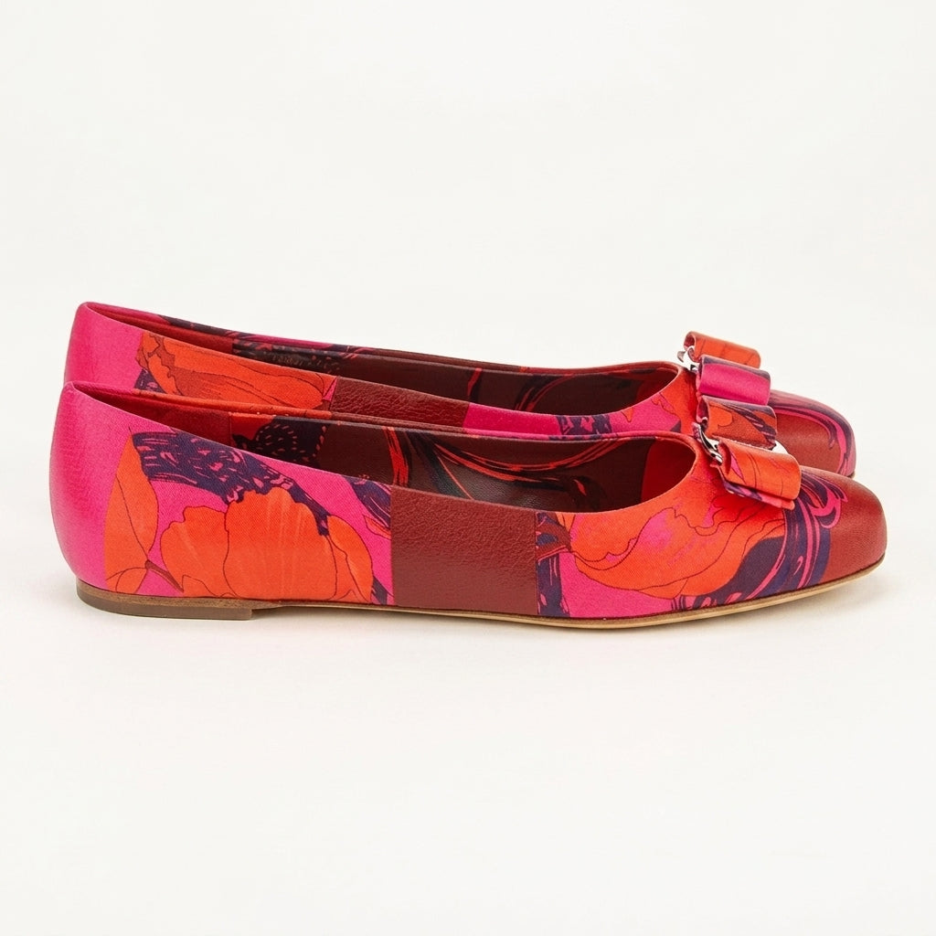 Multicolor floral Salvatore Ferragamo Varina ballet flat, front view with engraved bow