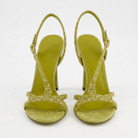 Brilliant green suede strappy sandal with crystal embellishments, side view by Salvatore Ferragamo