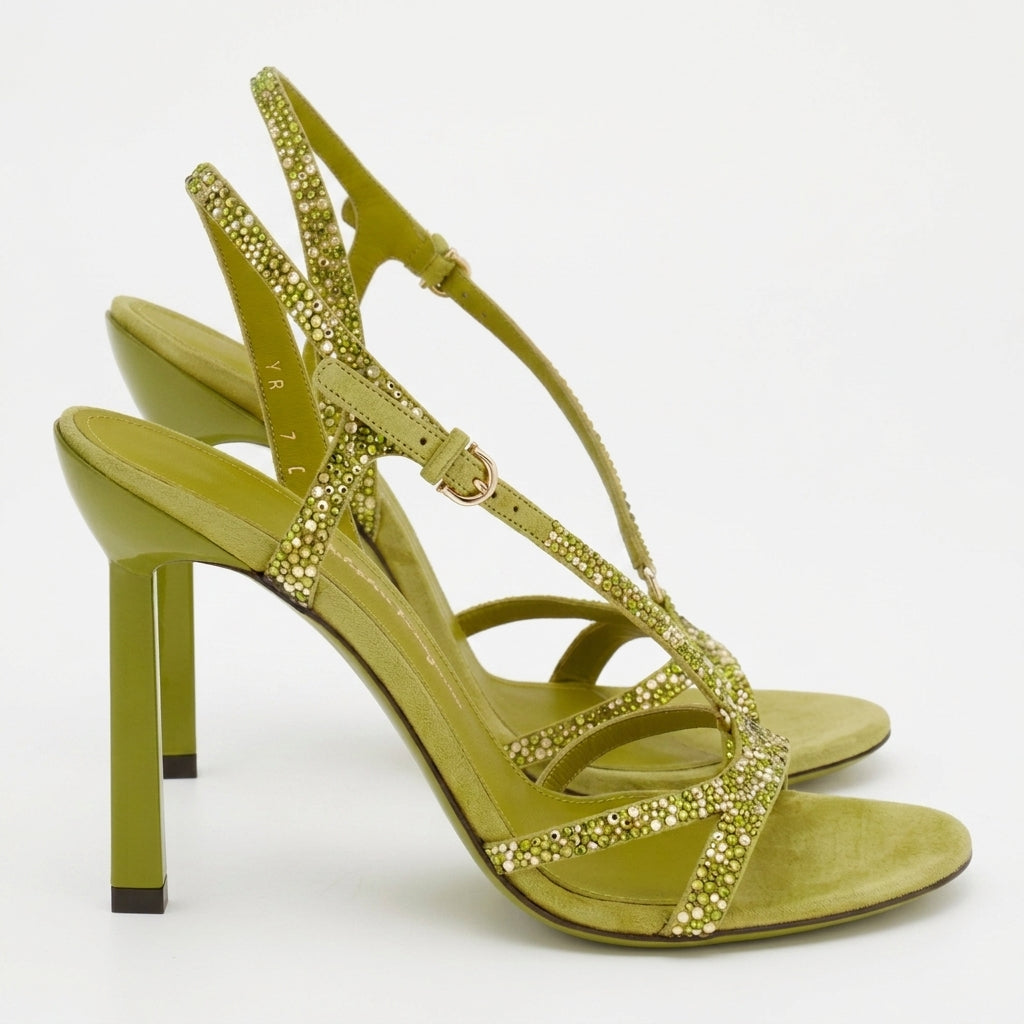 Salvatore Ferragamo Jole X5 S green suede sandal with stiletto heel, front angle view