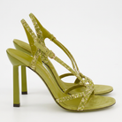 Green suede sandal with ankle buckle closure and crystal straps, back view by Salvatore Ferragamo