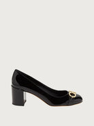 Black Salvatore Ferragamo Garda pump with round toe and block heel, front angle