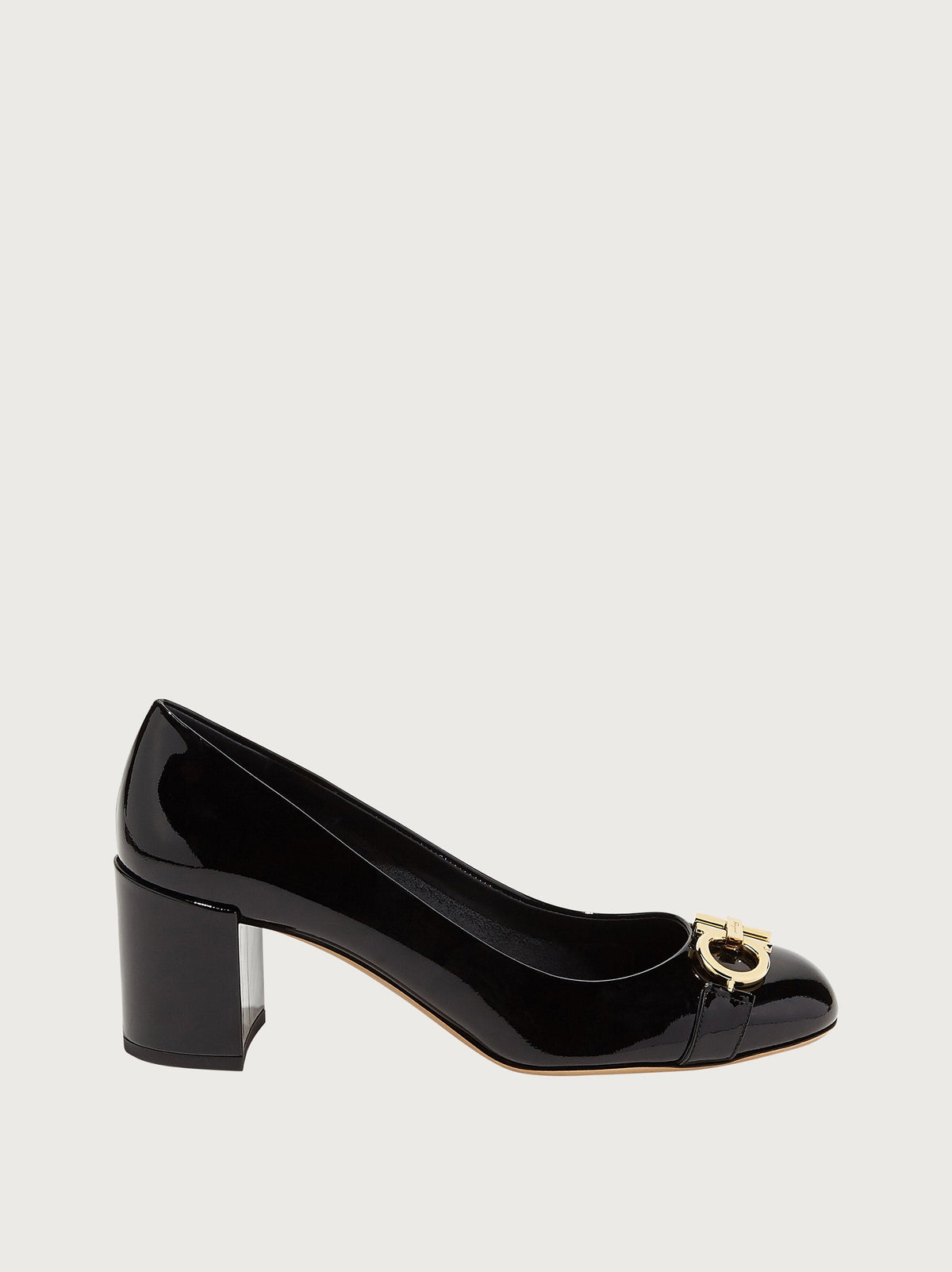 Black Salvatore Ferragamo Garda pump with round toe and block heel, front angle