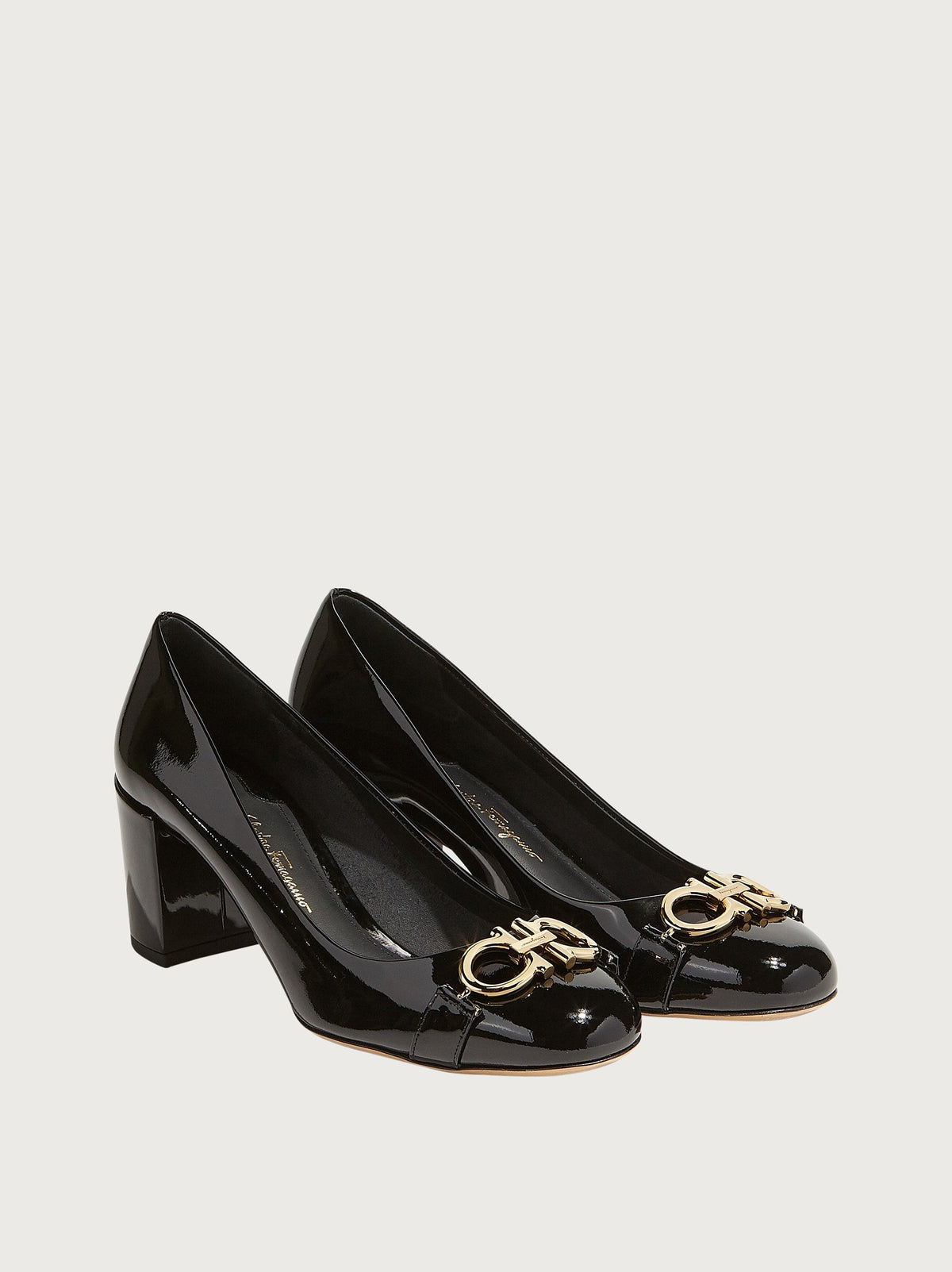 Salvatore Ferragamo Garda pump in black patent leather, rear view showing block heel