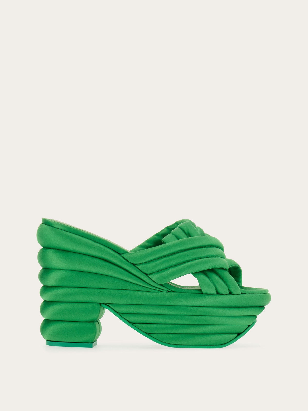 Bright green Salvatore Ferragamo woven wedge sandal, side view