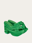 Bright green Salvatore Ferragamo slip-on wedge sandal, rear view