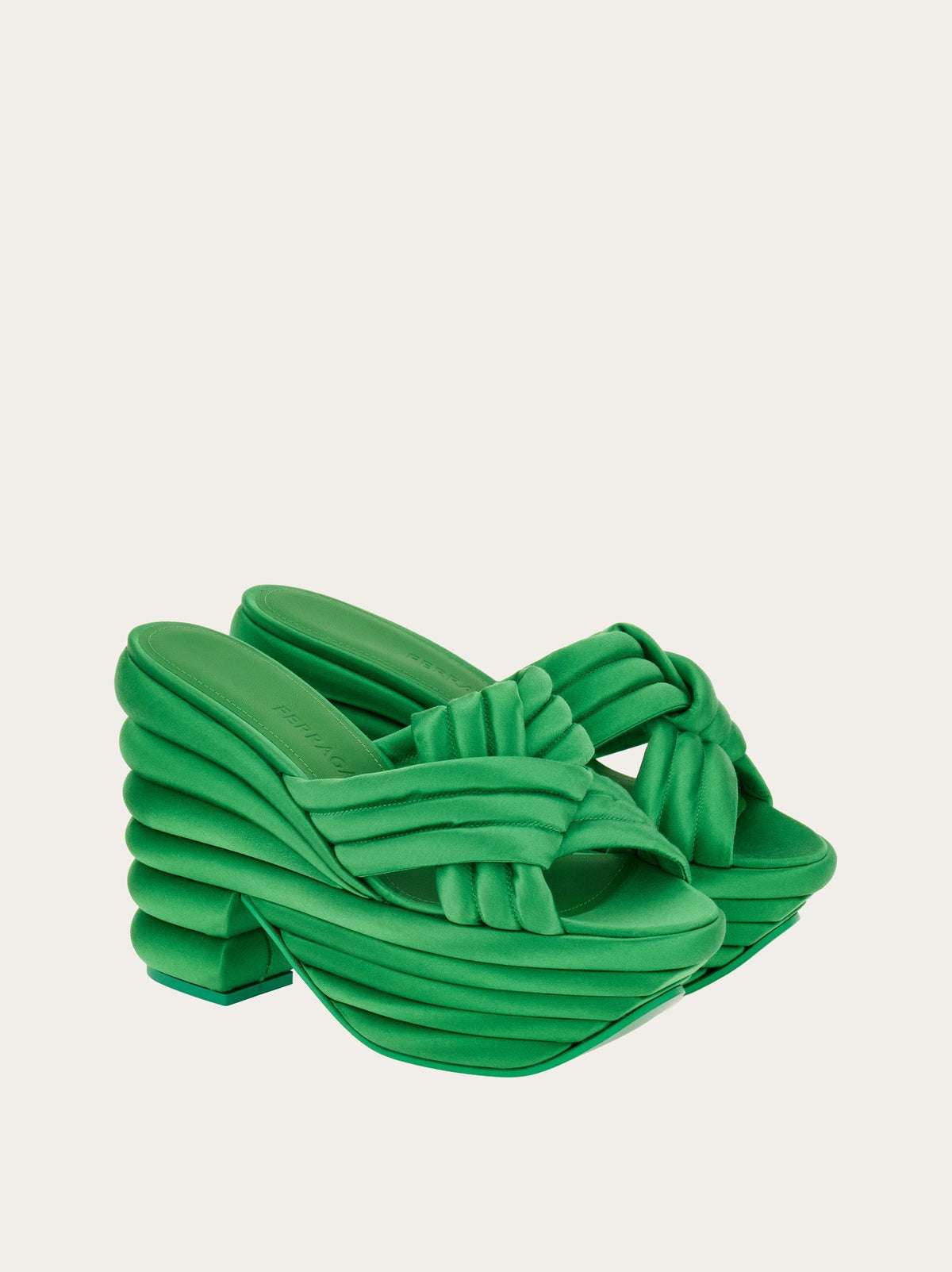 Bright green Salvatore Ferragamo slip-on wedge sandal, rear view