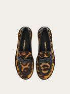 Salvatore Ferragamo Ofelia loafer in leopard print calf hair, top view showing moc-stitch toe