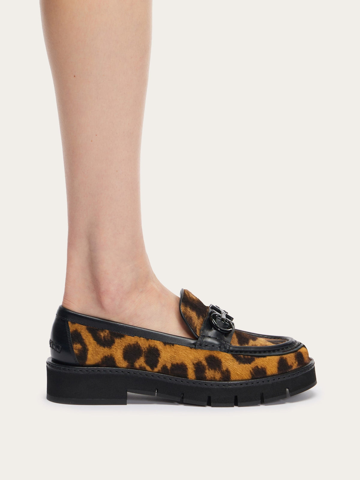 Leopard print loafer with leather trim by Salvatore Ferragamo, front angle