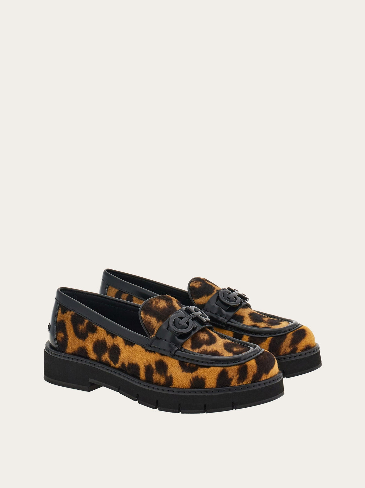 Leopard print calf hair loafer by Salvatore Ferragamo, rear view with rubber sole