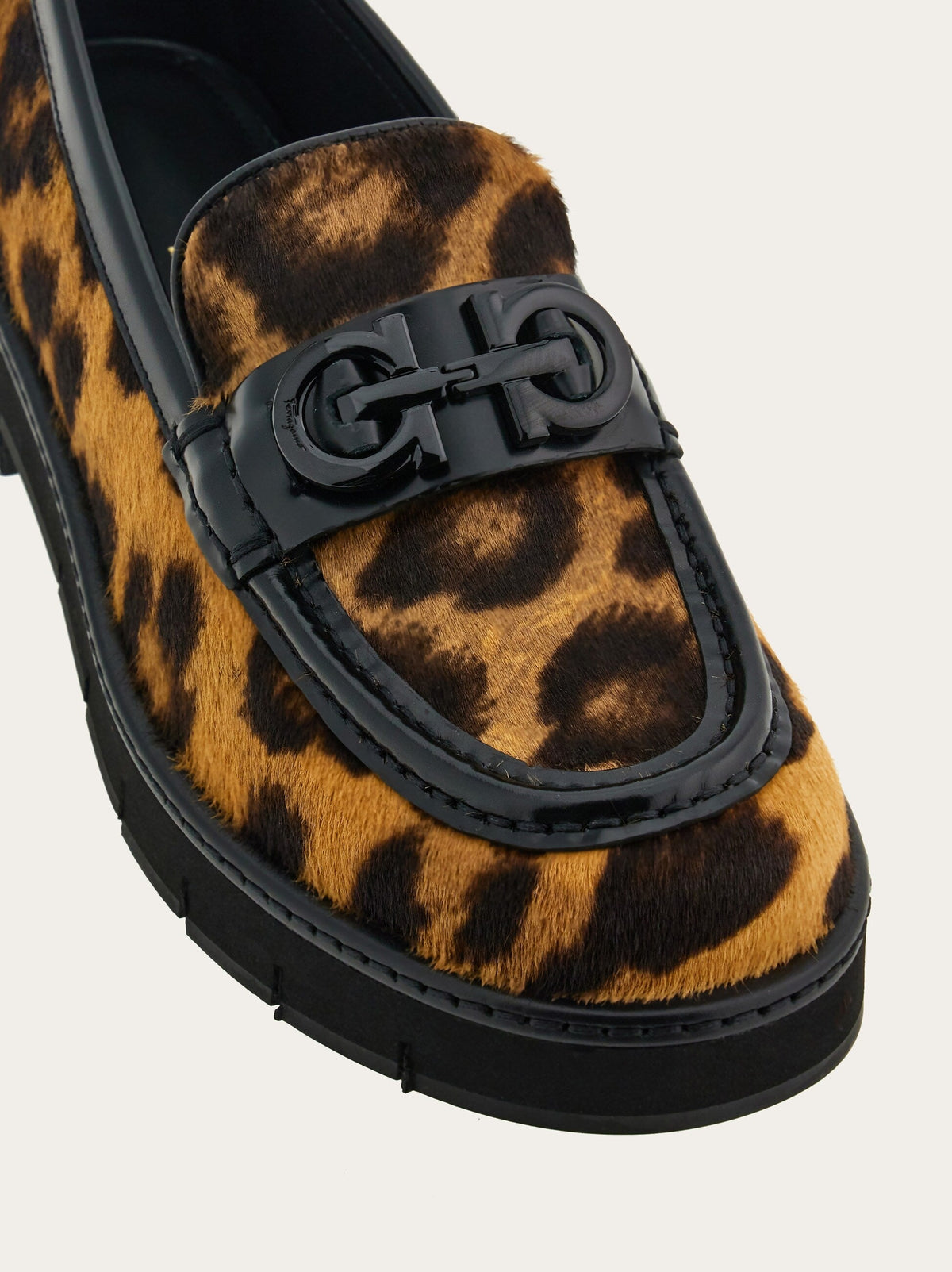 Salvatore Ferragamo Ofelia loafer in leopard print, sole view showing rubber construction