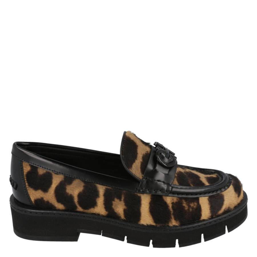 Leopard print calf hair loafer with leather trim by Salvatore Ferragamo, interior view