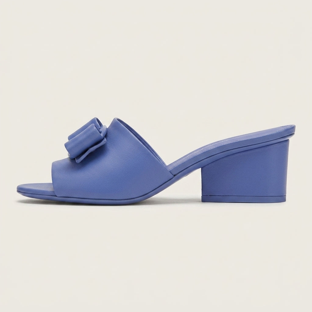 Blue leather Salvatore Ferragamo Valery 55 mule showing bow detail, top view