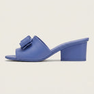 Blue leather Salvatore Ferragamo Valery 55 mule showing bow detail, top view