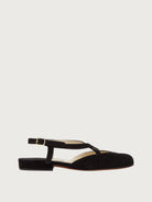 Black suede Oxalia sandal with crossover straps, side view by Salvatore Ferragamo